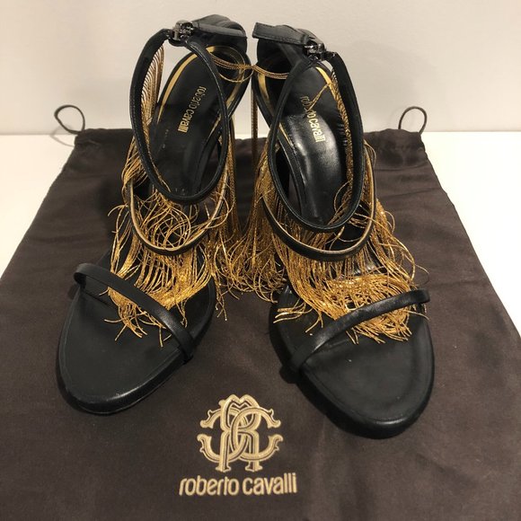 Roberto Cavalli Fringed Metallic Sandals - Picture 3 of 6